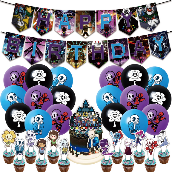 32 Pcs For Undertale Theme Birthday Party Decorations,With 1 Happy Birthday Banner Garland,18 Balloons,13 Cupcake Toppers for Children Party Decorations
