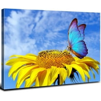 Sunflower Butterfly Wall Art Bathroom Decor Blue Sky Nature Landscape Canvas Prints Kitchen Pictures Sunflower Painting for Bedroom Artwork Yellow Floral Posters Living Room Home Decorations 12x16"