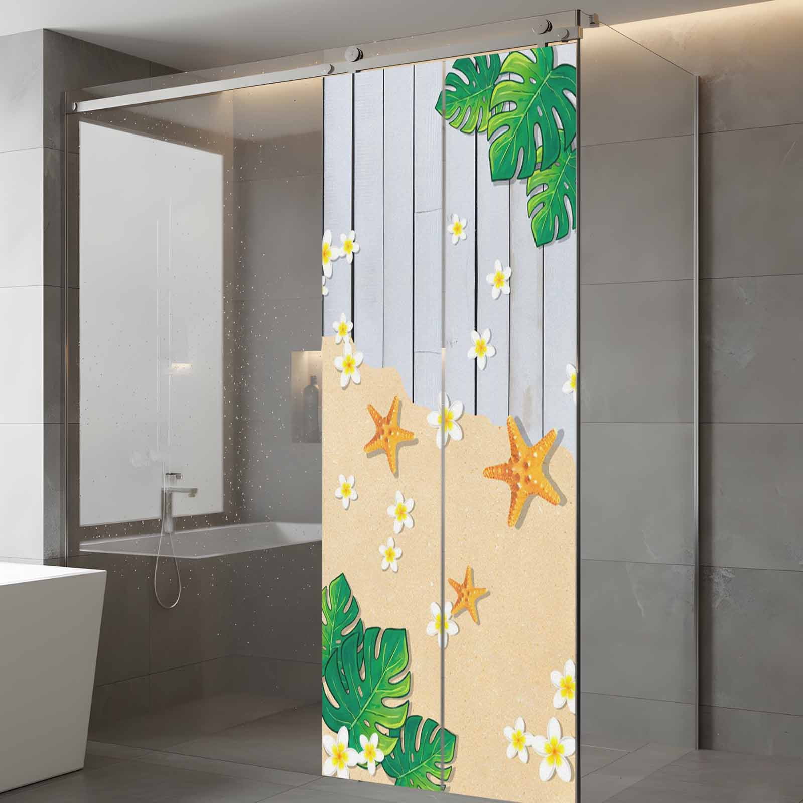 Tropical Summer Beach Window Privacy Film, Starfish Floral Monstera Gray Wood Frosted Glass Window Clings Static Cling UV Heat Blocking Reusable Door Sticker for Bathroom 23.6 x 59 Inch