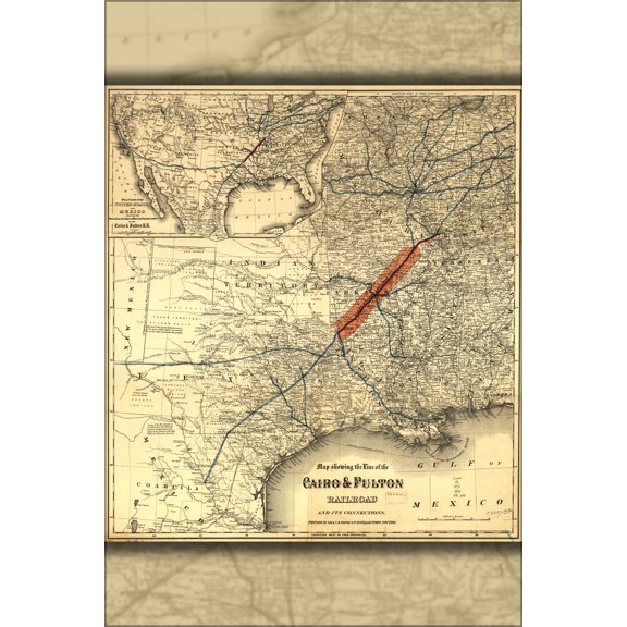 24"x36" Gallery Poster, Map Cairo & Fulton Railroad texas louisiana 1871