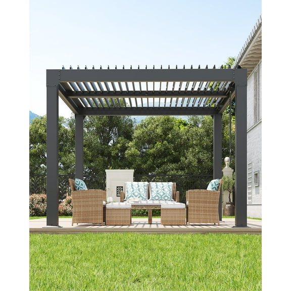 All-Aluminum Louvered Pergola 12"x 16", Outdoor Pergola with Adjustable Louvered Roof, Reinforced Aluminum Frame, Hardtop Gazebo