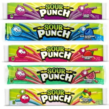 Sour Punch Straws Bundle Gift Assortment  Grape, Blue Raspberry, Strawberry, Watermelon, And Rainbow (1 - 2 Ounce Pack Each, 5 Packs Total)