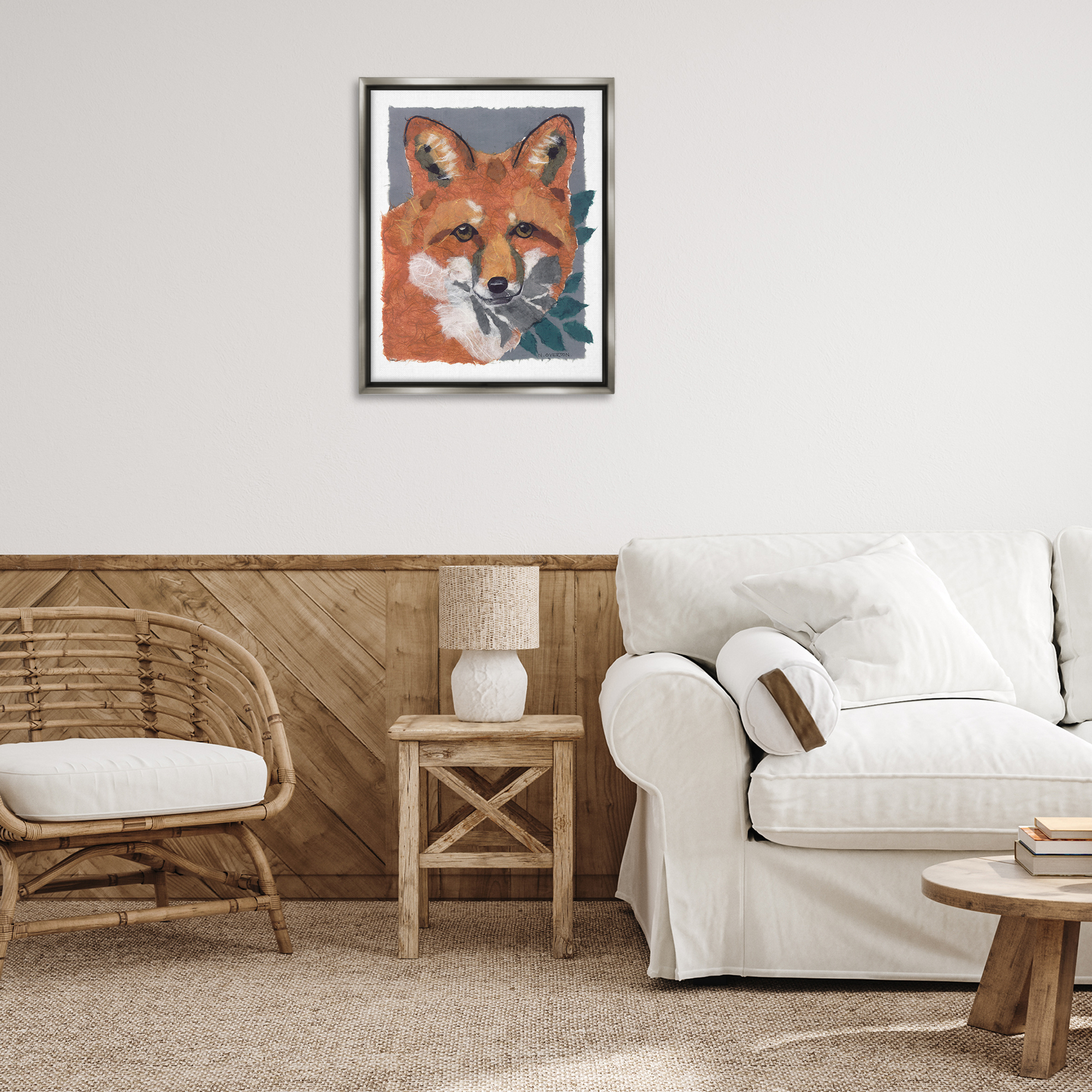 Stupell Industries Fox with Opaque Leaves Animals & Insects Painting Gray Floater Framed Canvas Art Print Wall Art, 25 x 31