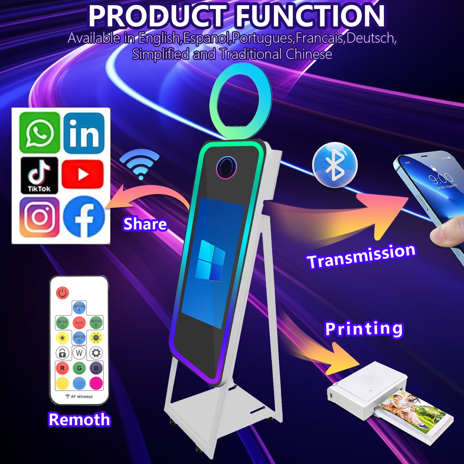 LivFiv 40'' Mirror Photobooth with 21.5" Touch Screen Selfie Machine and Flight Case for Wedding Party Event
