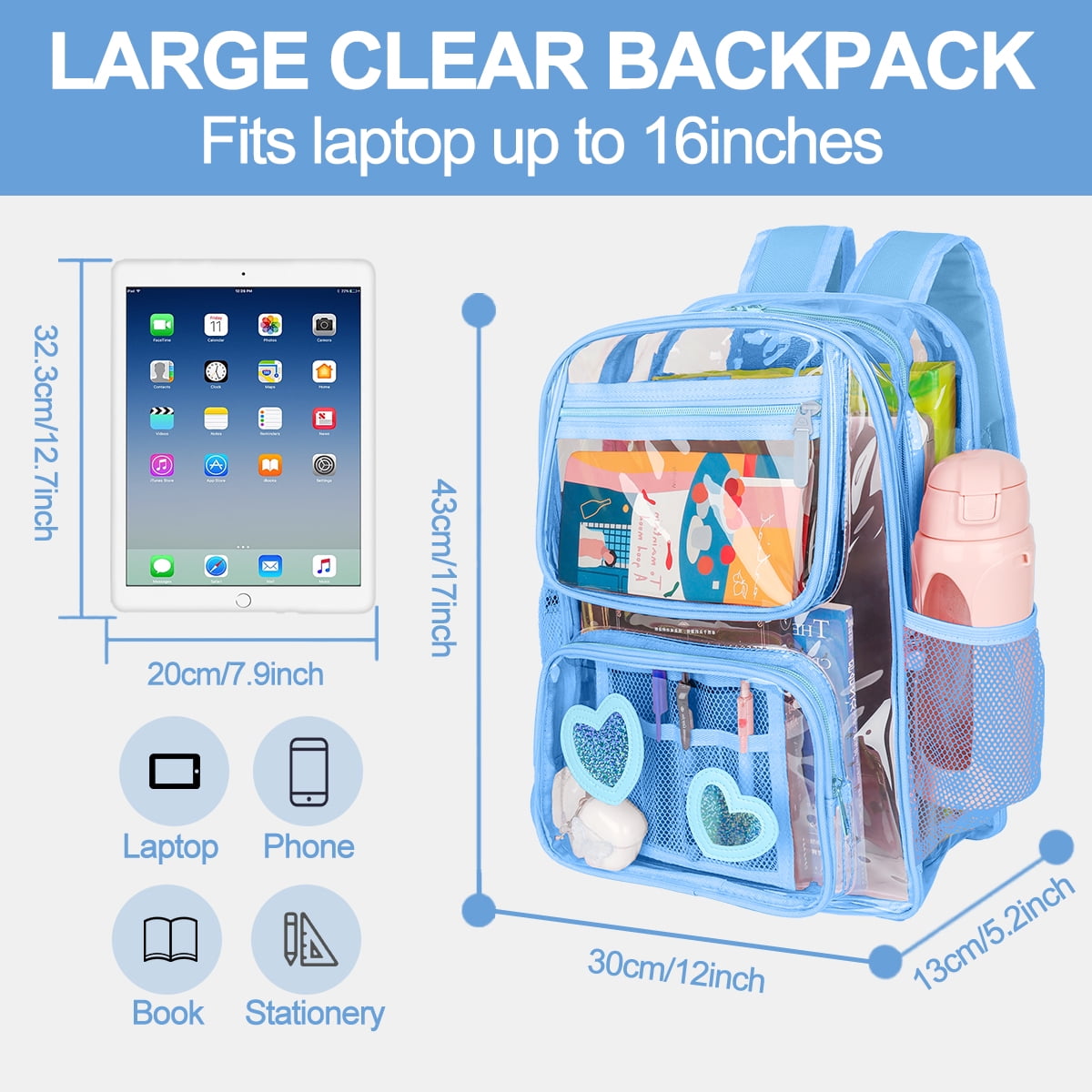 DAKIMOE Clear Backpack Heavy Duty Stadium Approved School Cute Transparent Backpacks Clear Bag Travel