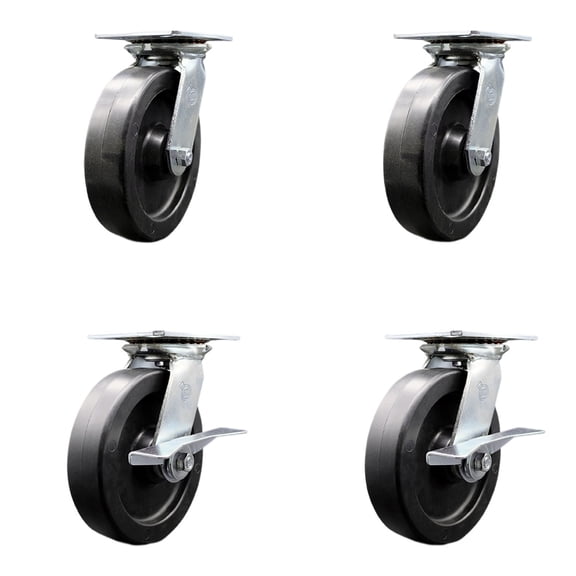 8 Inch Polyolefin Swivel Caster Set with Roller Bearings 2 Brakes Service Caster