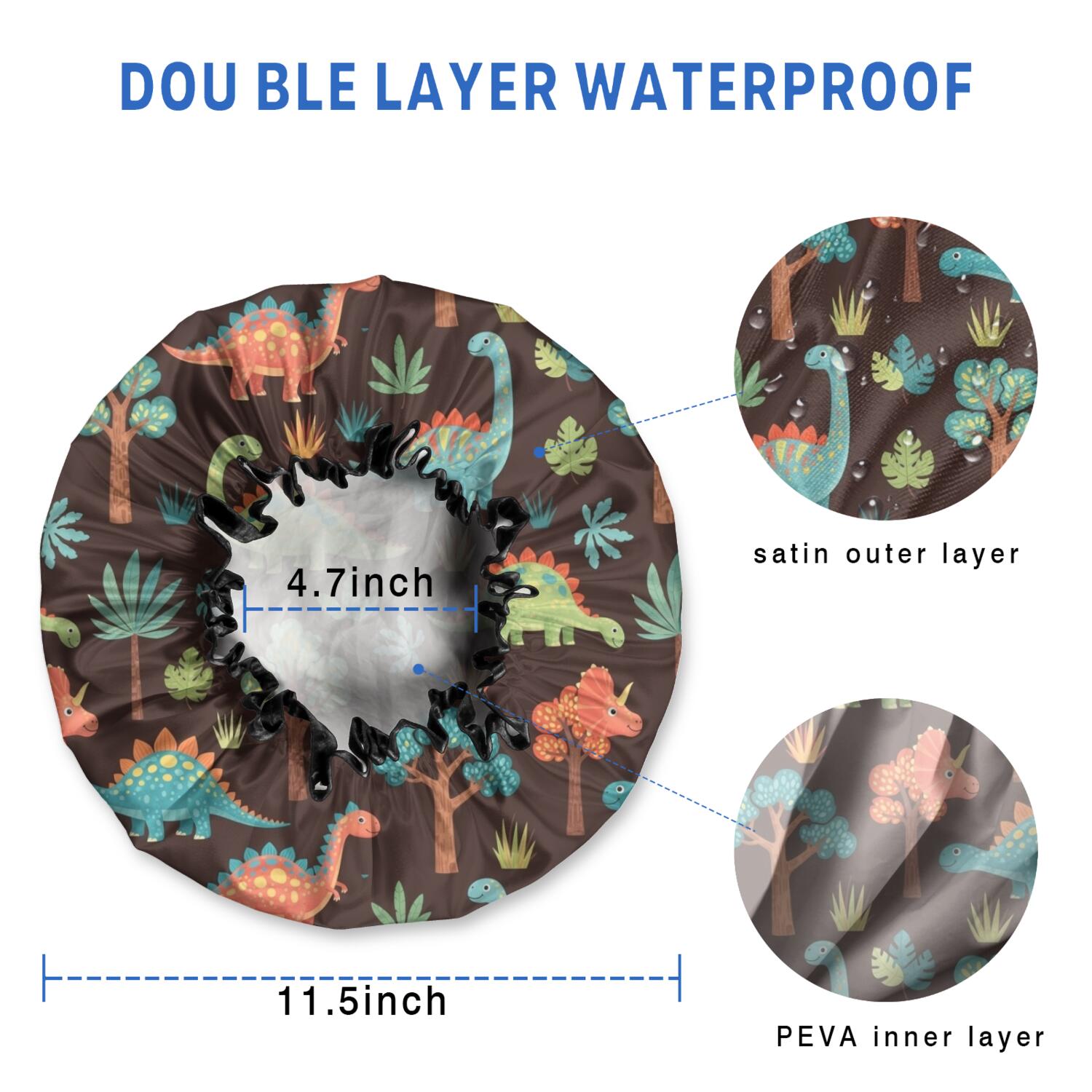 Shower Caps,DarkBrown Cartoon Dinosaurs Forest Pattern Waterproof Shower Cap for Women 4 Pieces,Double Reusable Hair Cover for Shower PEVA Elastic Stretch Hem
