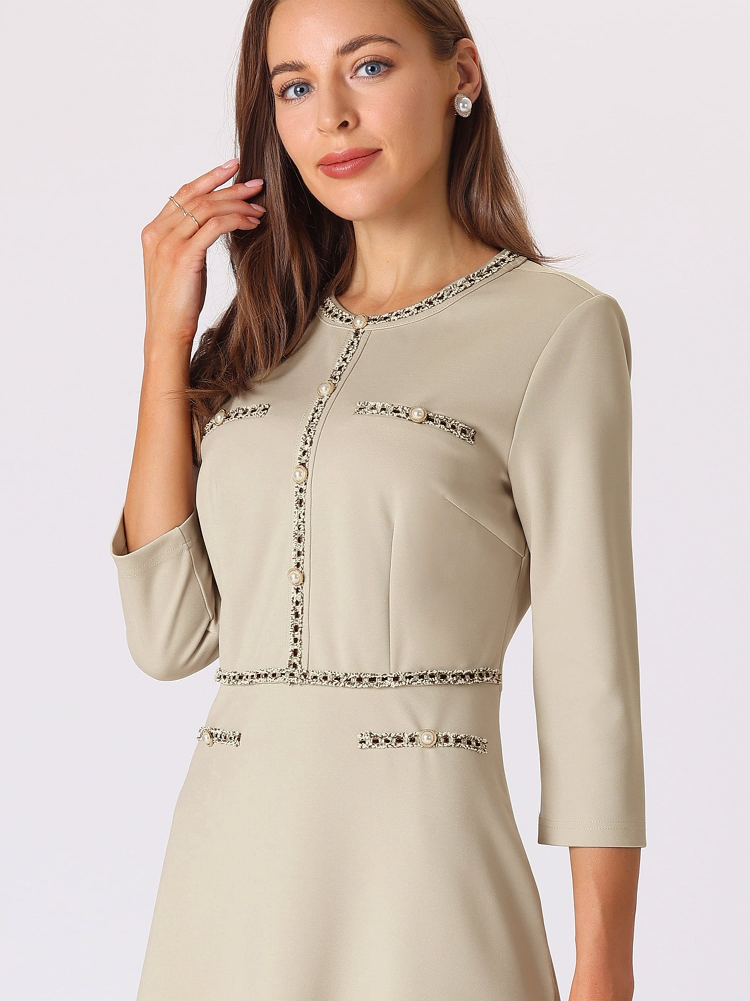 DARING DIVA Women's A-Line Contrast Color Tweed Trim Dress S Grey Beige