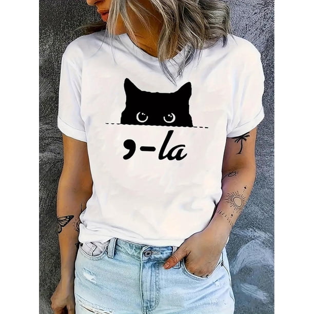Camiseta de verano para mujer manga corta, cómoda, para vacaciones y oficina1pc WhimsyCat Women'S Casual Crew Neck T-Shirt, Polyester Knit Fabric with Animal Pattern, Medium Stretch Comfort Fit for