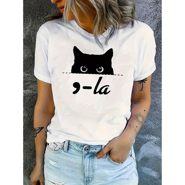 Camiseta informal de cuello redondo WhimsyCat para mujer, tejido de punto de algodón con estampado animal, elasticidad media, ajuste cómodo para todas las estaciones, camiseta deportiva de ocio.