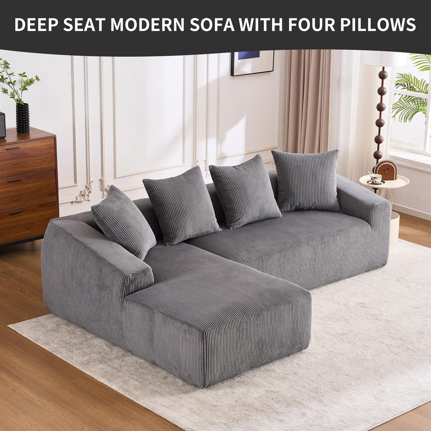 Demi Bonn 101" Corduroy Compression Sofa with Chaise Lounge, 3-Seater Couch with Full Sponge Cushion & 4 Pillows, Ideal for Living Room, Dark Gray