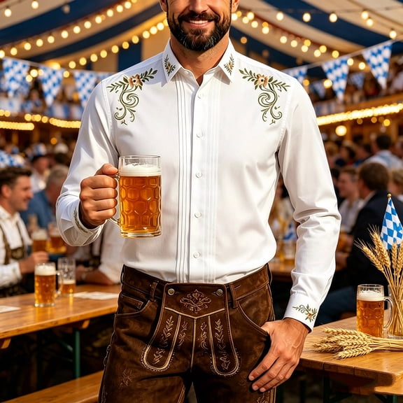 Yusimy Men's Oktoberfest Shirt, Vertical Pleats Turn-Down Collar Buttons, Long Sleeve German Party Style Top for Festival