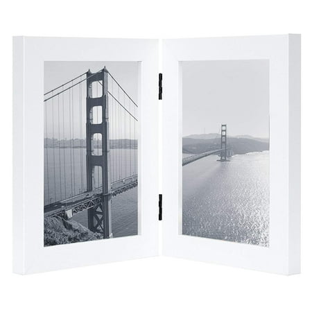 Engraved Display Stand Golden State Art, 5x7 Inch Hinged Picture Frame with Glass Front - Made to Display Two 5x7 Inch Pictures, Stands Vertically on Desktop or Table Top (5x7 Double, White) ()