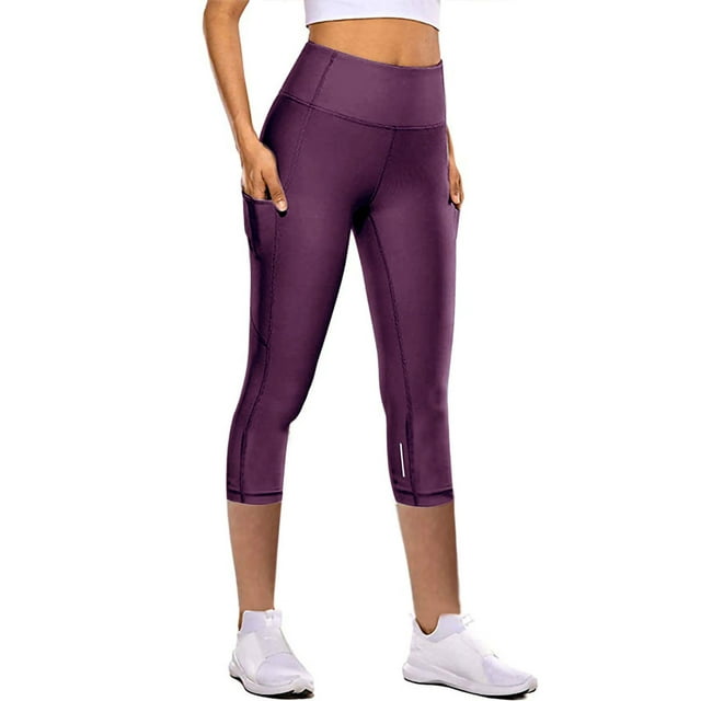 Fashnice Bas pour Femmes Leggings Taille Haute Poches Pantalons de Yoga Jeggings de Course Slim Violet P