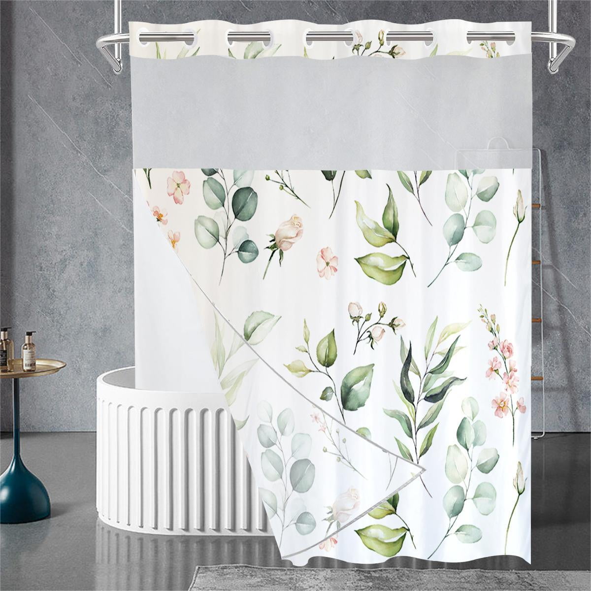 Dznils White No Hook Fabric Shower Curtain with Snap-in Liner, 72" x 74", Green Floral Patterned