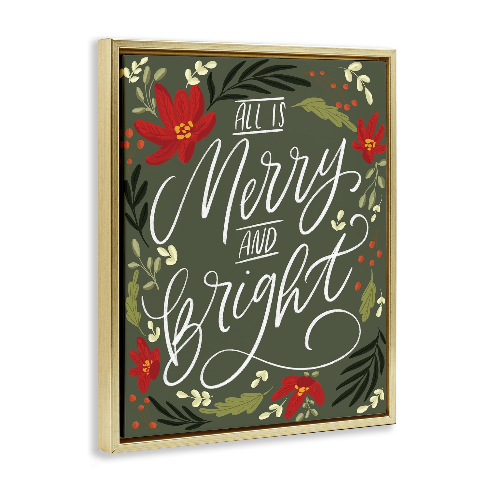 Stupell Industries Floral Merry and Bright Holiday Painting Gold Floater Framed Canvas Art Prints Wall Art, 25 x 31