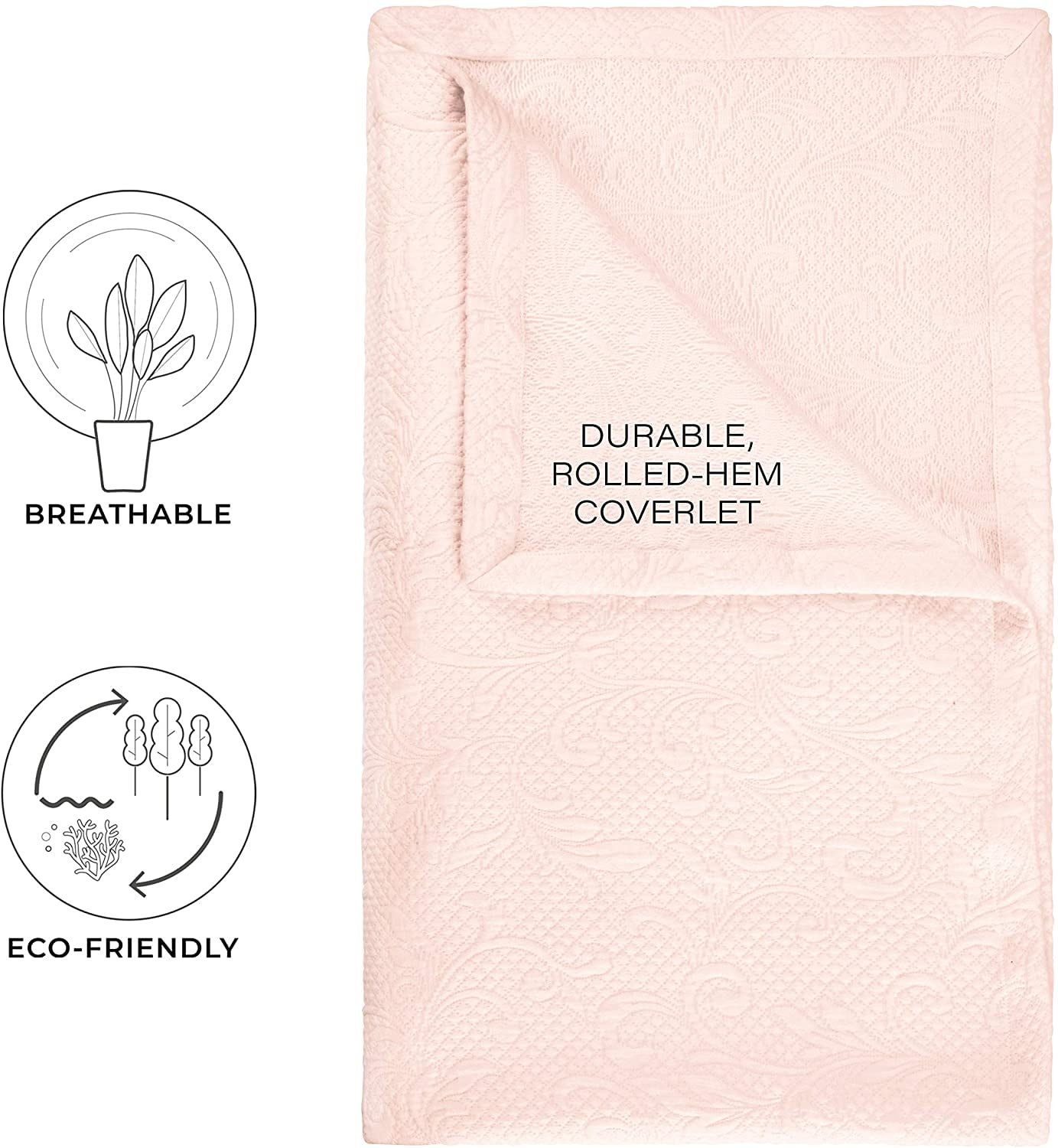 Royal Borough Luxuriously-Textured 100% Cotton Matelasse 3 Piece. Solid Color Coverlet Set with Shams (Blush, King)