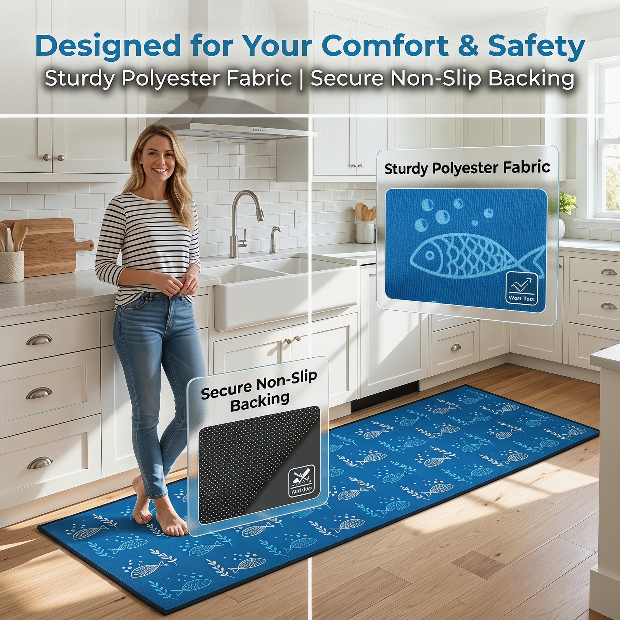 Unique Bargains Non Slip Fish Floral Printed Kitchen Rugs and Mats Blue 31"x19"+47"x19"