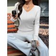 thumbnail image 6 of Women Long Sleeve Cable Knit Sweater Fall Fashion V Neck Fitted Pullover Business Casual Fall Outfits White M, 6 of 8