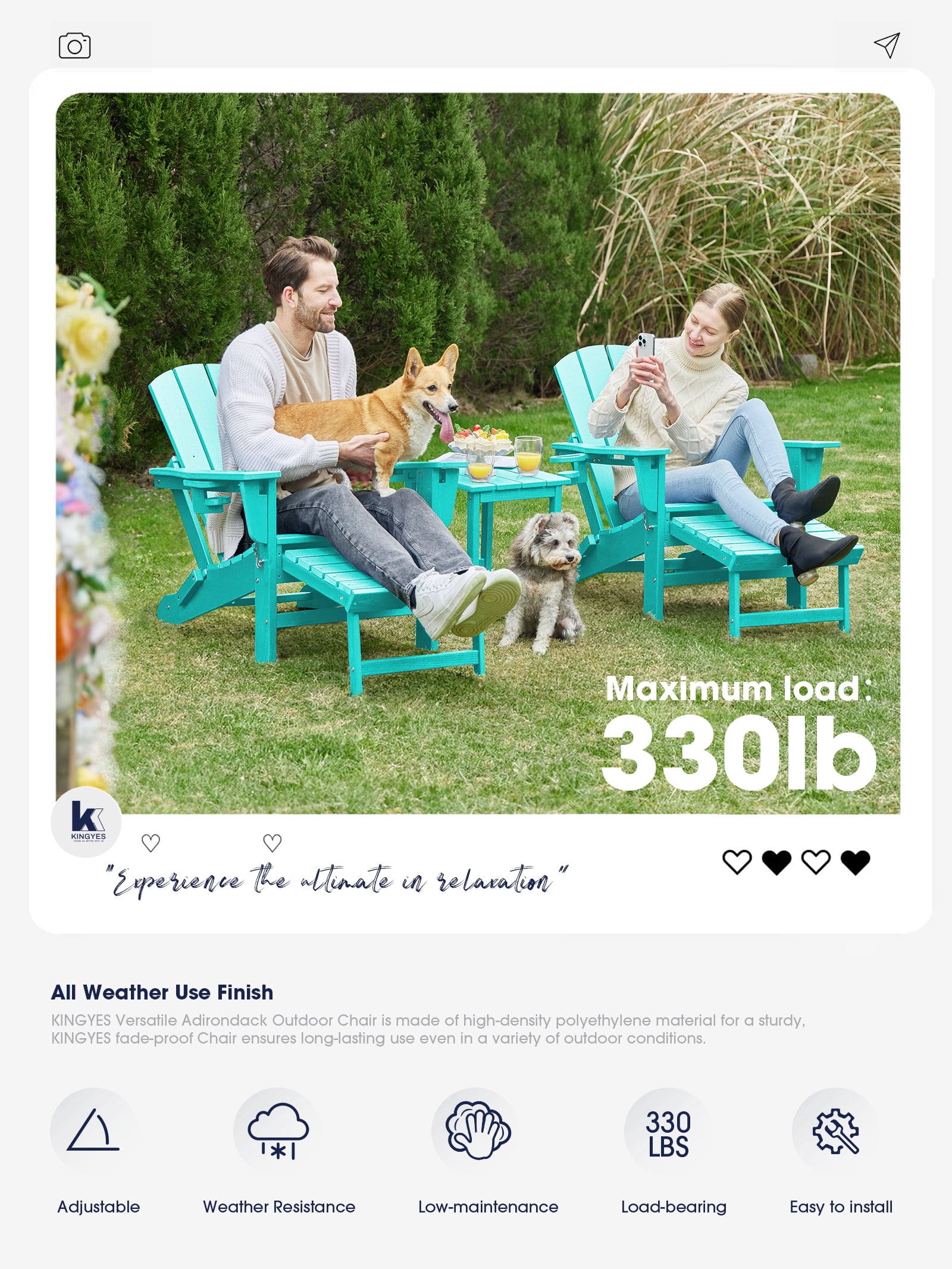 KINGYES Folding Adjustable Adirondack Chairs with Retractable Ottoman Set of 4 for Patio Garden, HDPE Outdoor Patio Chair with Footrest Aruba