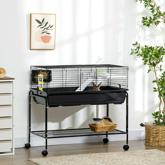 Pawhut Small Animal Cage Rolling Guinea Pig Hutch with Detachable Stand Storage Shelf Feeder Water bottle 39"L x 22"W x 37"H