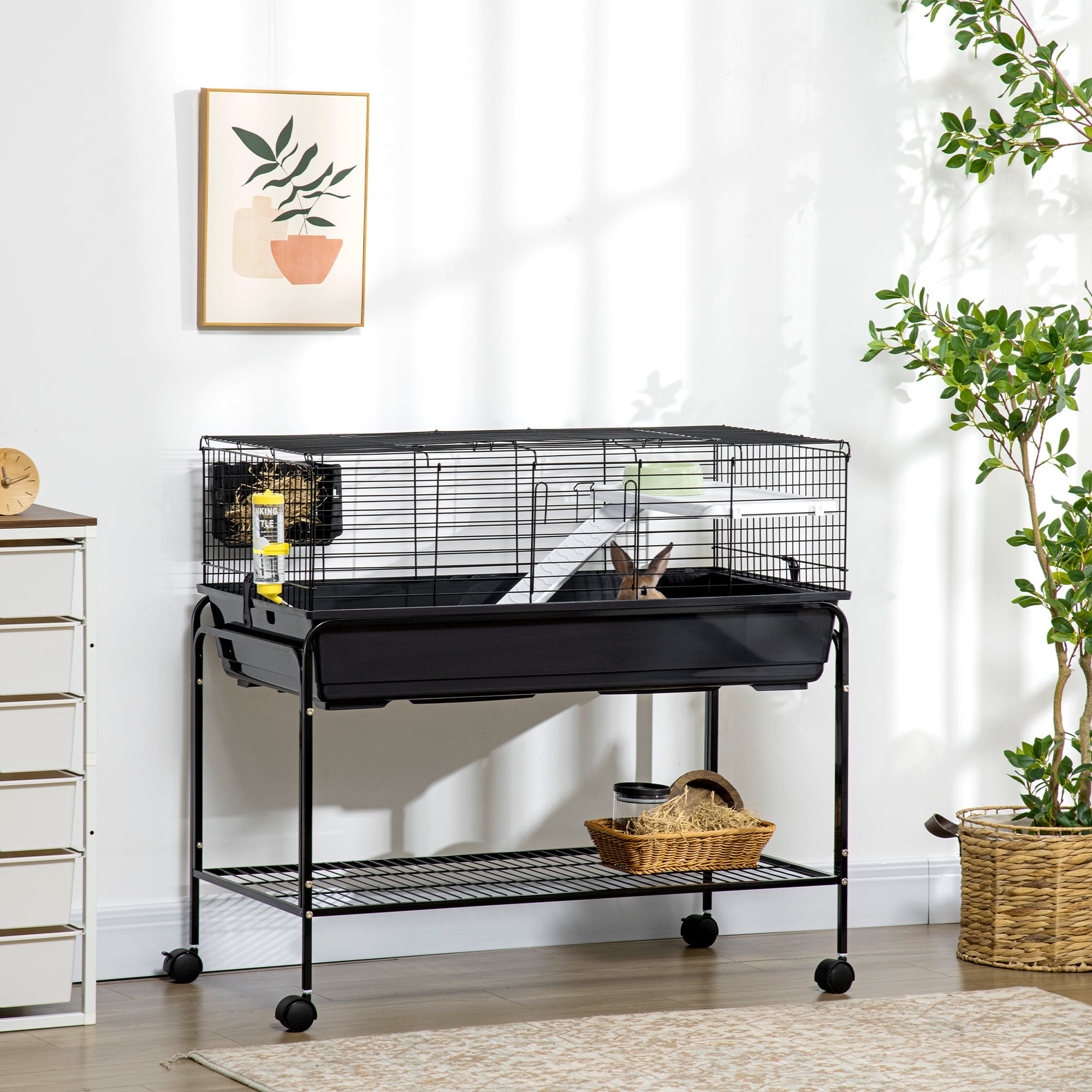 PawHut Two-Story Small Animal Cage Removable from Stand, Guinea Pig, Hedgehog, Chinchilla, Ferret, Shelf & Wheels, Pet Habitat, 39" x 20.5" x 36.5"