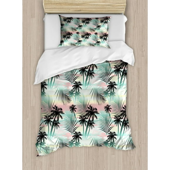 Hawaii Duvet Cover Sets, Summer Season Palm Trees and Exotic Fern Leaves Abstract Colorful Background, Almond Green