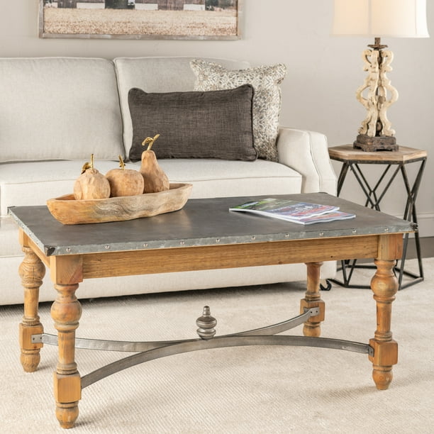 Fir Wood Table With Galvanized Metal Top Com Fir Wood Table With Galvanized Metal, Galvanized Steel Coffee Table