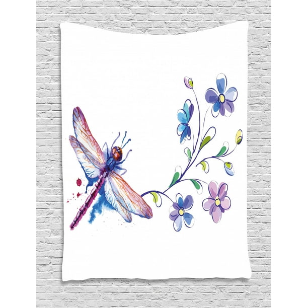 Dragonfly Tapestry Watercolor Bug Butterfly Like Moth With Branch Ivy Flowers Lilies Art Wall Hanging For Bedroom Living Room Dorm Decor Green Purple And Blue By Ambesonne Walmart Com Walmart Com