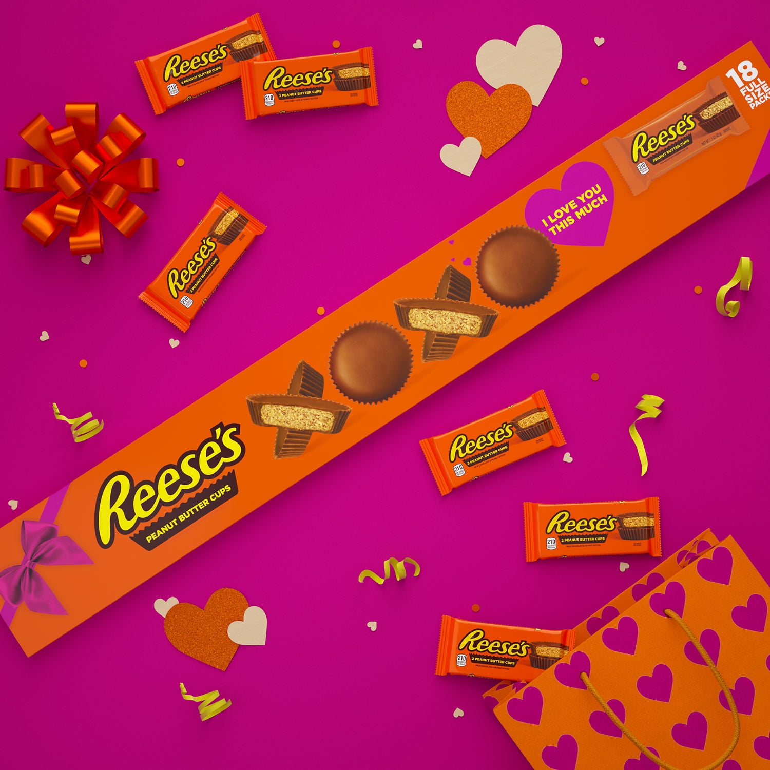 REESE'S Milk Chocolate Peanut Butter Cups, Valentine's Day Candy Packs, 1.5 oz (18 Count)