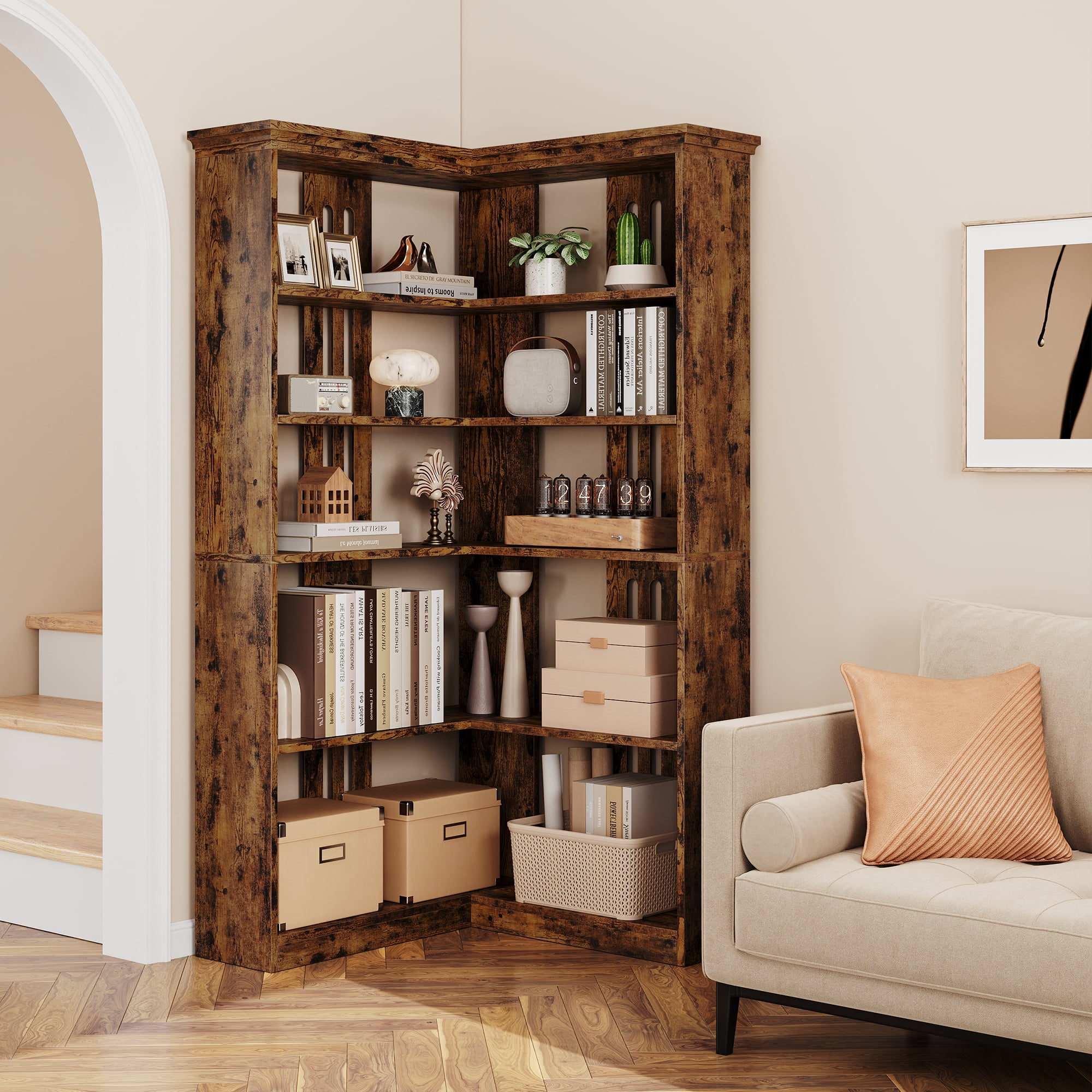 AOILE 72.8" Farmhouse Corner Bookshelf, 5-Tier L-Shaped Bookcase with Storage - Tall Display Shelf for Living Room, Office, Bedroom