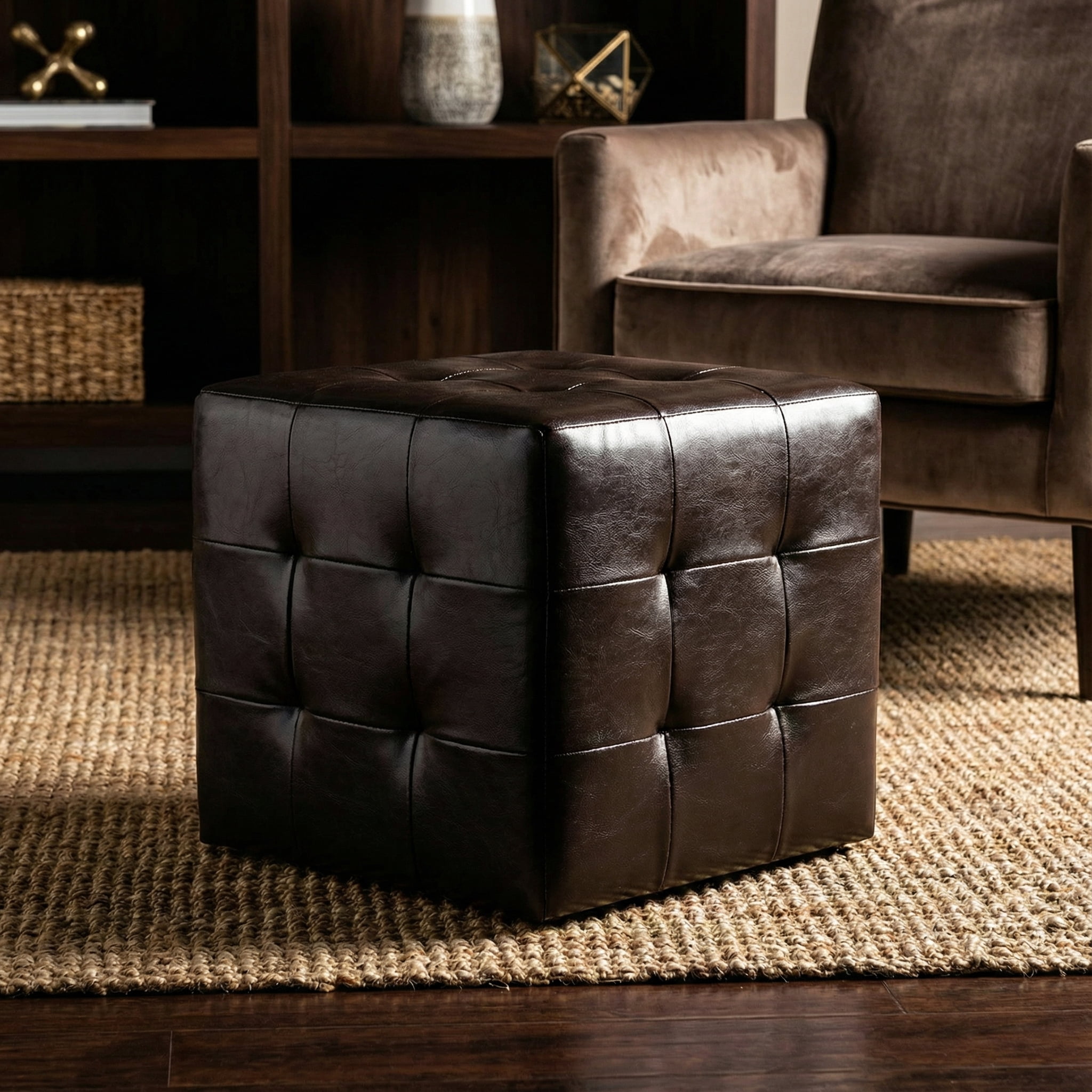 Cortesi Home Braque Espresso Cube Ottoman in  Vinyl