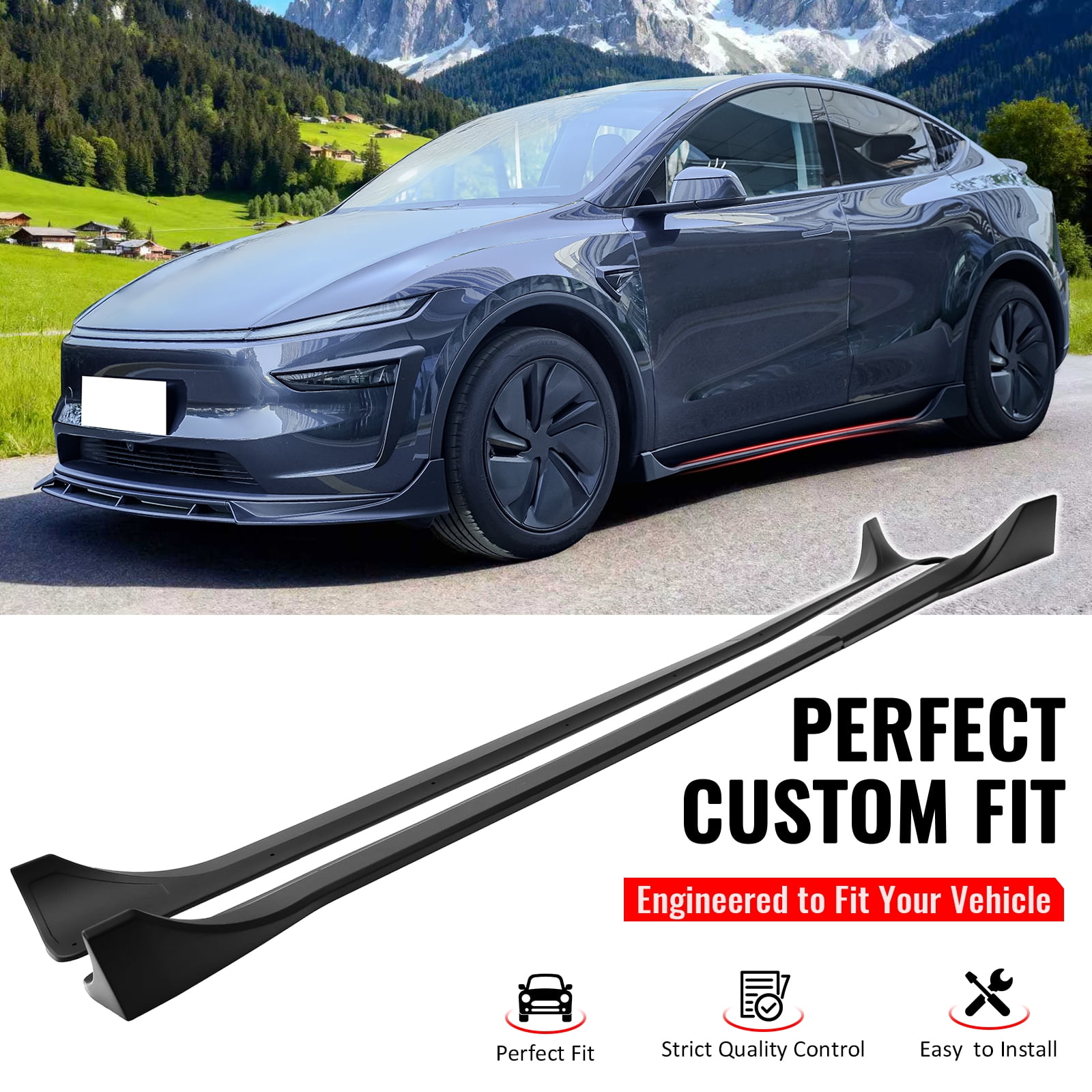 Ikon Motorsports Side Skirts Extension, Compatible with 2025-2026 Tesla Model Y Juniper, IKON Style ABS Plastic Matte Black Rocker Panel Splitter Side Underbody Spoiler 2PC