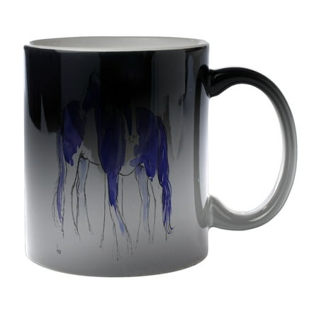 

KuzmarK Black Heat Morph Color Changing Coffee Cup Mug 11 Ounce - Piebald Gypsy Cobs in Purple and Blue Abstract Horse Art by Denise Every