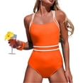 thumbnail image 3 of One Piece Swimsuit Women Tummy Control Modest Slim Color Block Bathing Suits High Cut Full Coverage Swimwear Saffron M, 3 of 7