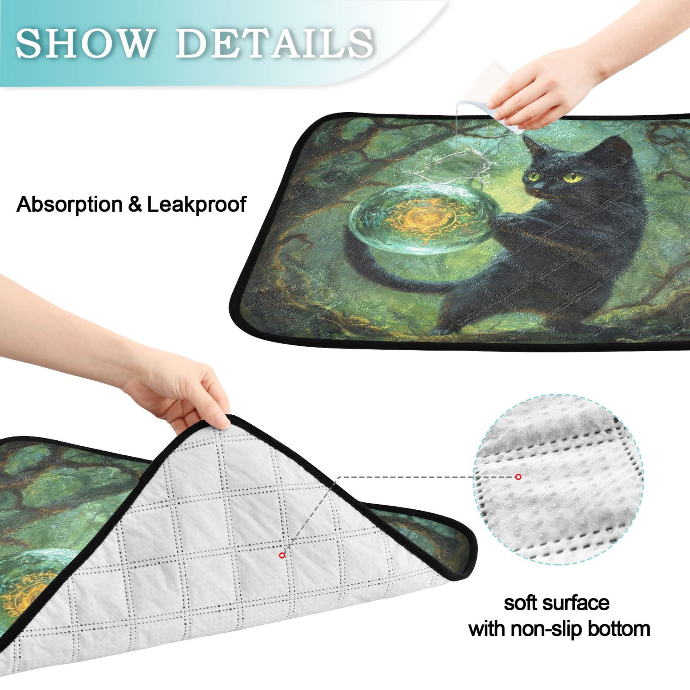 Qxltty Black Cat Crystal Ball Cat litter Pads Pet Set of 3 Diaper Mats Center Anti-leakage Layer Absorbent Soft and Comfortable
