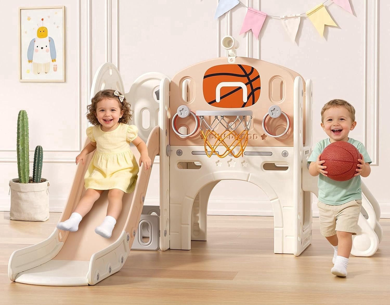 DKMOCO 9 in 1 Toddler Slide, Baby Slide for kids Age 1-3, with Basketball and Hoop, Indoor Outdoor Playset Playground Beige Coffee