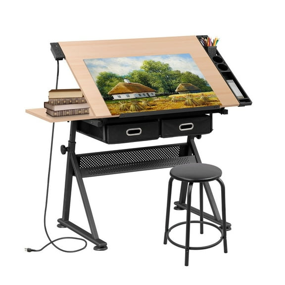 SONGMY Natural Drafting Drawing Table, 9-Level Adjustable Angle Art Table with Stool, Arts & Crafts Drawing Desk