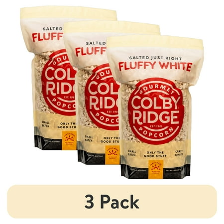 (3 pack) Colby Ridge Fluffy White Gourmet Craft Popped Gluten Free Popcorn Snack Sized Large Pouch (2 Gallons = 34 Cups)