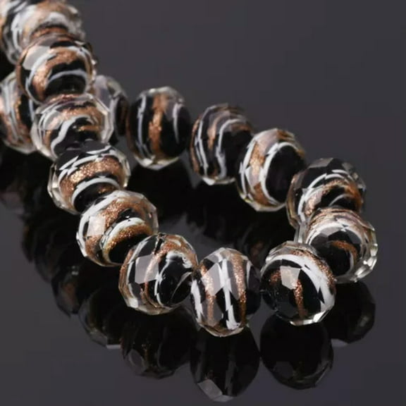 U8MO 10PCS 12x9mm Rondelle Faceted Crystal Lampwork Glass Loose Bead for DIY Jewelry-1# Black White Gold