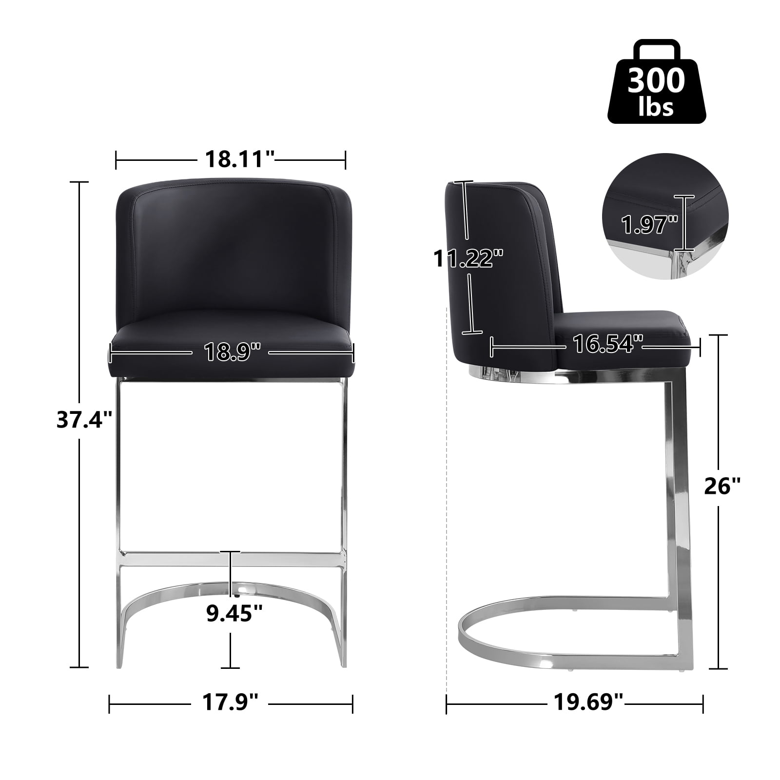 Modern Counter Height Bar Stools Upholstered PU Leather Bar Chairs, Set of 4, 26" with Back and C-Shaped Metal Frame Island Stools for Home Bar Kitchen Pub