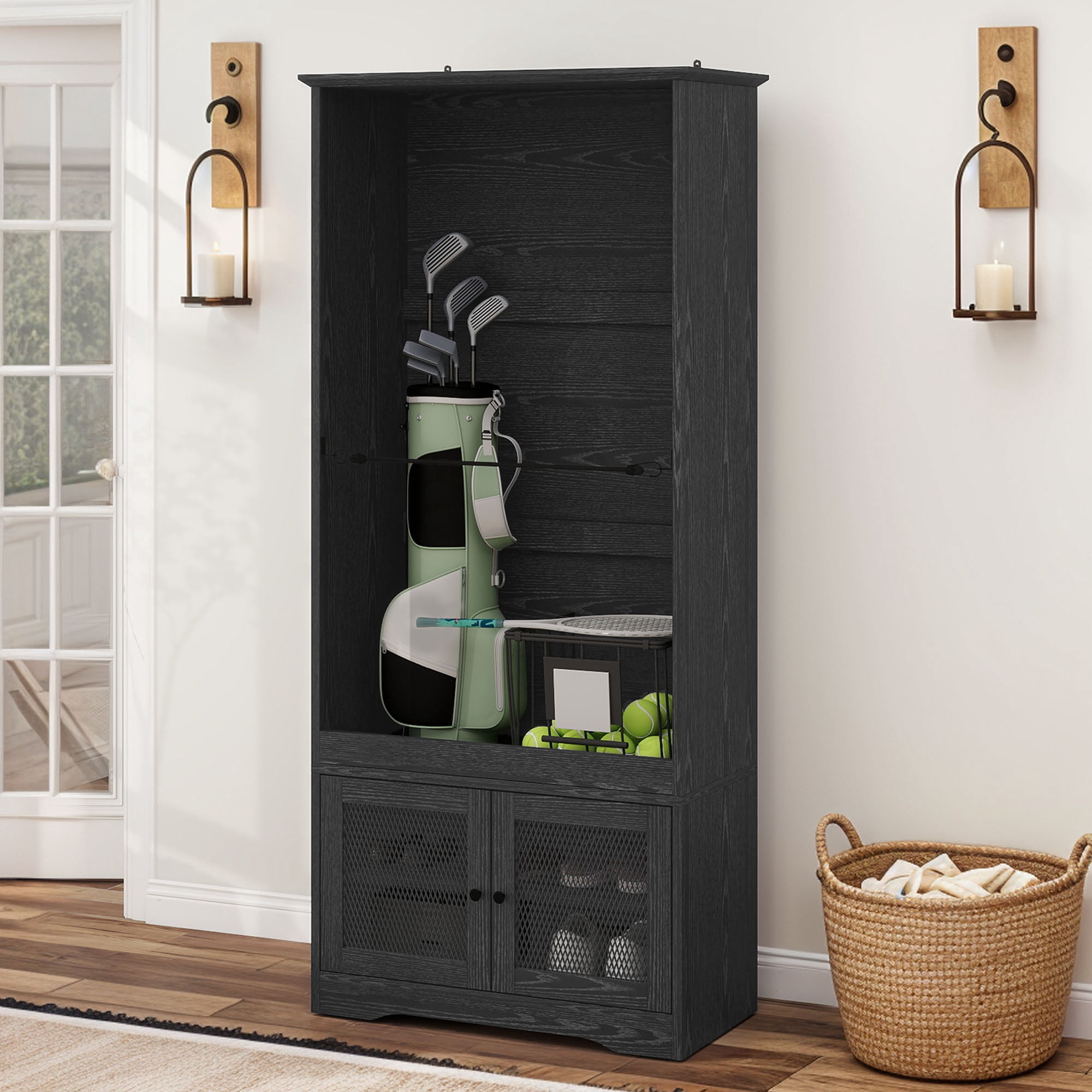 Uforic Golf Storage Cabinet with Wooden Organizer Rack and Golf Bag Stand - Matte Black