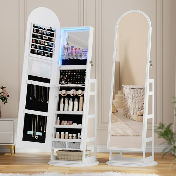 LVSOMT 64.9" Jewelry Armoire with 360° Swivel & Full-Length Mirror - Free Standing Makeup Organizer Lockable Storage, White