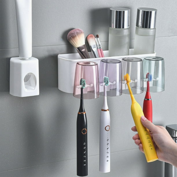Portacepillos con dispensador de pasta dental | Organizador de baño de plástico sin perforaciones para cepillos de dientes, vasos y maquinillas de afeitar | Estante de almacenamiento moldeado con
