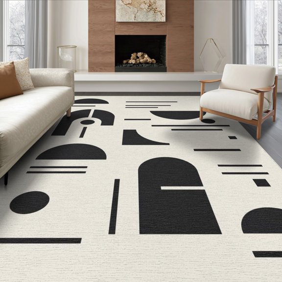 ODIKA 8'x10' Washable Area Rug Non-Slip Chair-Friendly Mat Black White Geometric Abstract Art Design Elegant Contrasts in Modern Minimalist for Dining Room, Large Office, Lounge