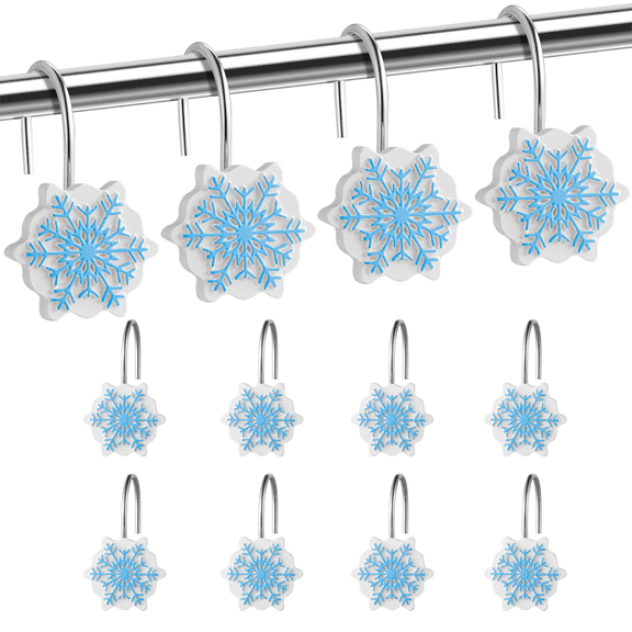 12PCS Christmas Shower Curtain Hooks,White and Blue Snowflakes Decorative Shower Rings,Resin,Christmas Decor,Winter Bathroom Living Room Decoration