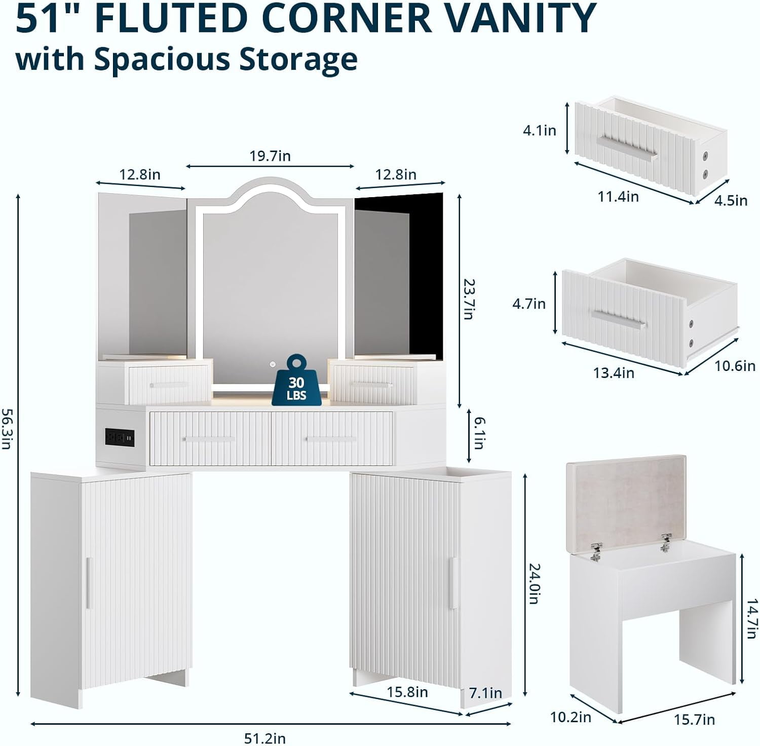 Fluted Makeup Vanity Desk with HD 3 Way Mirror and Lights, 51" Large Corner Vanity Table with Charging Station, Dressing Table with 4 Drawers & 2 Storage Cabinets for Bedroom, White