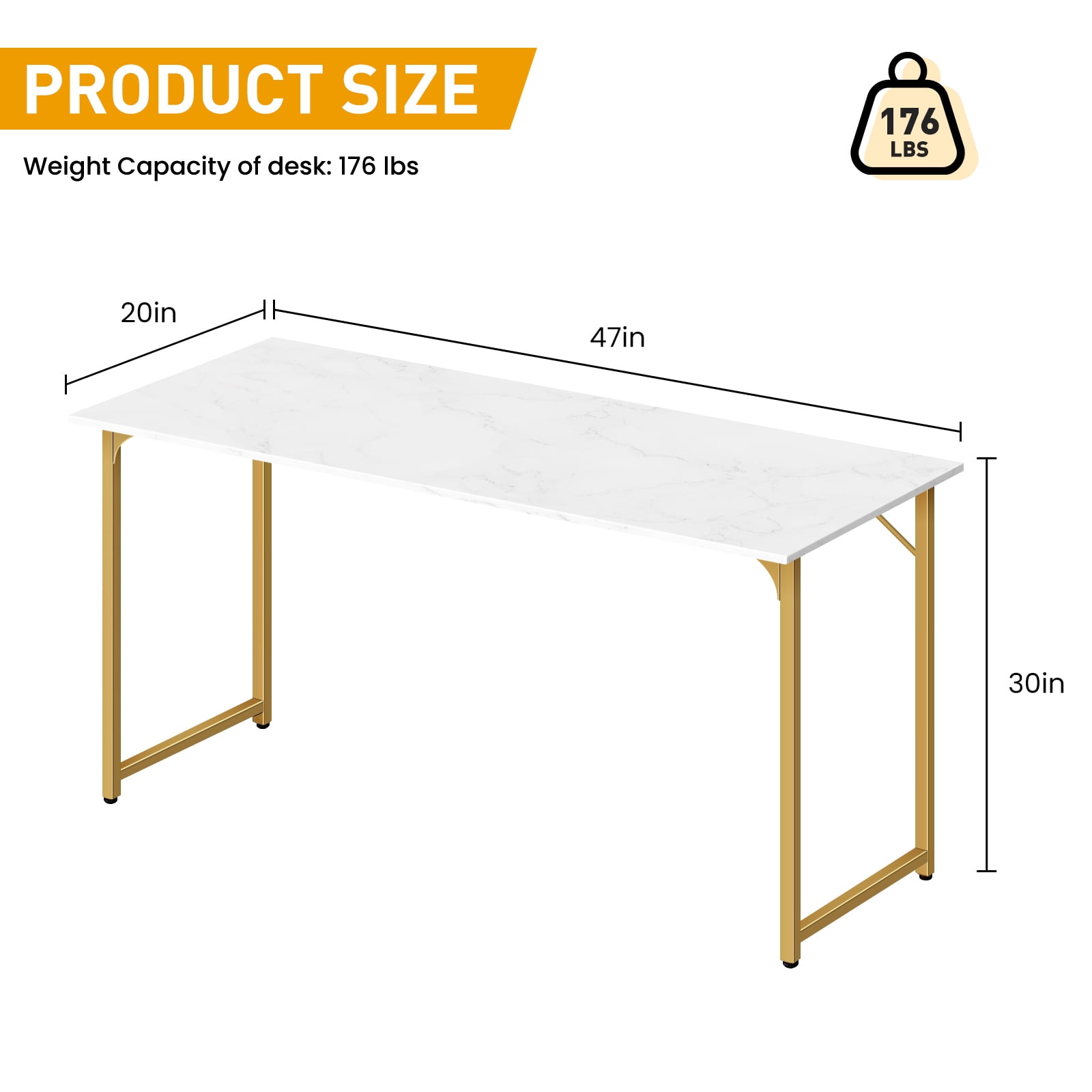 Dkelincs 47 inch Computer Desk and Chair Set Home Office Modern Wood Study Desk & Mesh Ergonomic Height Adjustable Office Chair for Small Spaces, Gold & Black