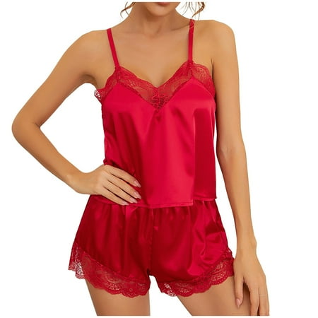 

PEASKJP Lingerie Robes for Women Pajamas SimulationSilk Shorts Camisole Stitching V-neck 2PCS Lace Sexy for Women Lingerie Set Underwear Red Large