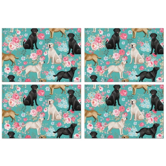 Labrador Dogs with Pioneer Flower Summer Placemats Table Placemats Set Of 4-Linen Kitchen Washable Placemats Table Mats 12x18 Inch Non-Slip Heat Resistant